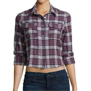 Elizabeth and James Buckley shirt wine plaid cropped frayed hem button up S